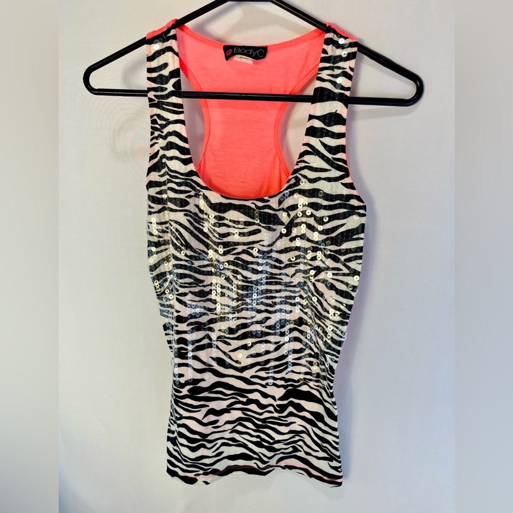 BodyC Brand Zebra Print Sequin Tank, Hot Pink, Glam, Medium, Racerback